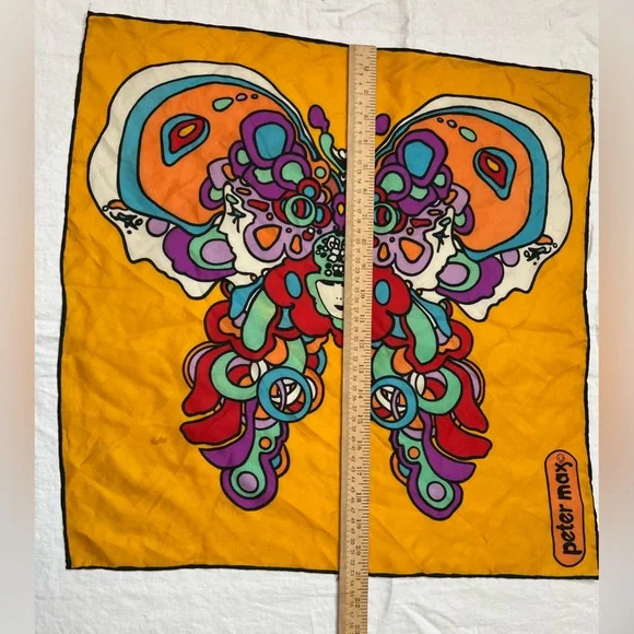 Peter Max Scarf Vintage 1970s Butterfly Psychedelic Vivid Color Gold Silk? - Picture 7 of 15